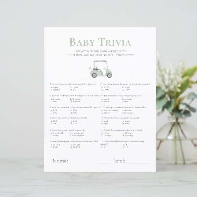 Sage grönt golf babydusch trivia-spel (Stående Fram)