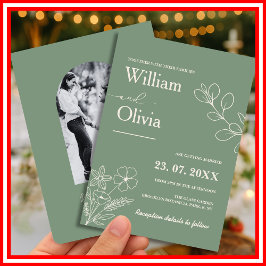 Sage Grönt Greenery Boho Blommigt Photo Bröllop Inbjudningar