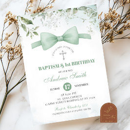Sage Grönt Greenery Boy Baptism och First Birthday Inbjudningar