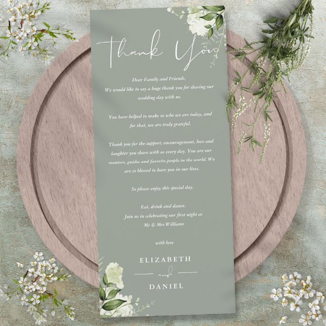 Sage Grönt Greenery Bröllop Tack Place Card Meny (Sage Green Greenery Wedding Thank You Place Card)