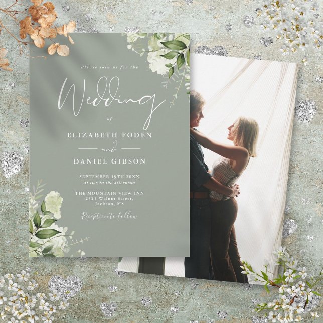 Sage Grönt Greenery Löv Elegant Photo Bröllop Inbjudningar (Sage Green Greenery Leaves Elegant Photo Wedding Invitation)