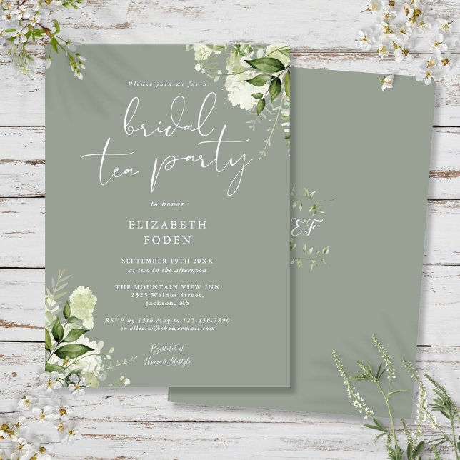 Sage Grönt Greenery Monogram Möhippa Tea Party Inbjudningar (Sage Green Greenery Monogram Bridal Tea Party Invitation)