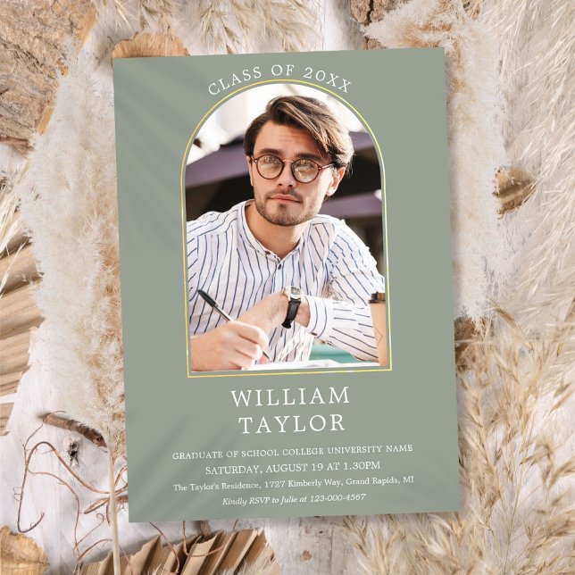 Sage Grönt Guld Arch Photo Studentfest Invita Inbjudningar (Sage Green Gold Arch Photo Graduation Party Invita Invitation)