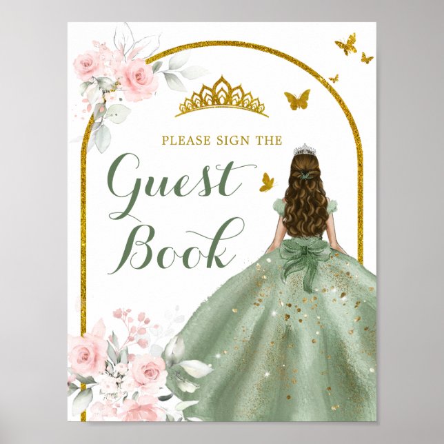 Sage Grönt Guld Blommigt Quinceañera Guest Bok Poster (Framsidan)