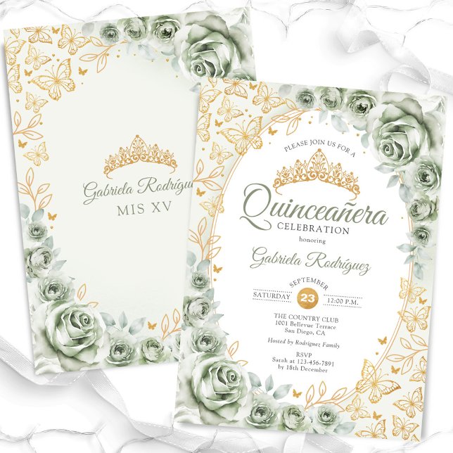 Sage Grönt Guld Blommigt Quinceanera Inbjudningar (Skapare uppladdad)
