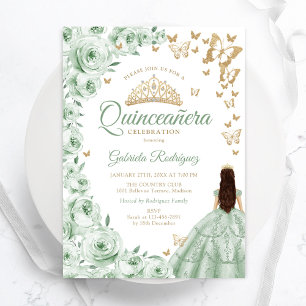 Sage Grönt Guld Blommigt Quinceanera Inbjudningar