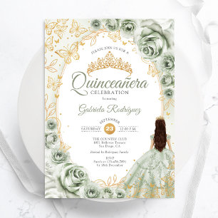 Sage Grönt Guld Blommigt Quinceanera Inbjudningar