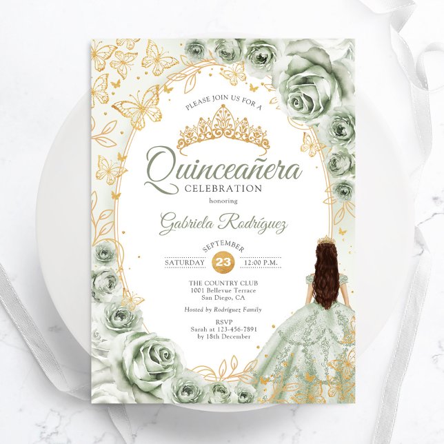 Sage Grönt Guld Blommigt Quinceanera Inbjudningar (Skapare uppladdad)