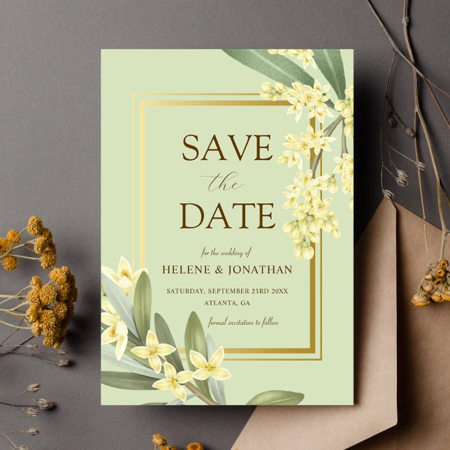 Sage Grönt Guld Garden Elegant Blommigt Bröllop Spara Datumet (Sage Green Gold Garden Elegant Floral Wedding Save The Date)