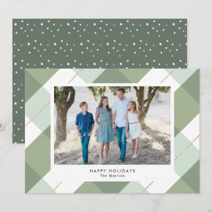 Sage Grönt & Guld Gingham Play Photo Helgdag Card Inbjudningar