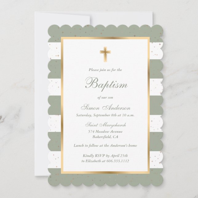 Sage Grönt Guld Kor Stars Stripe Baptism Inbjudningar (Framsida)