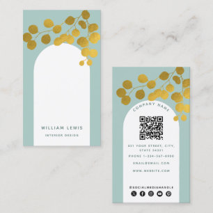 Sage Grönt Guld Lövs Modern Arch QR-kod Visitkort
