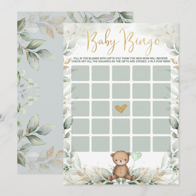 Sage Grönt Guld Nalle Bingo Baby Shower Game Inbjudningar (Fram/baksida)
