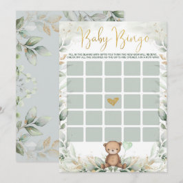 Sage Grönt Guld Nalle Bingo Baby Shower Game Inbjudningar
