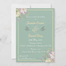 Sage-grönt, guld och blomdesign inbjudningar