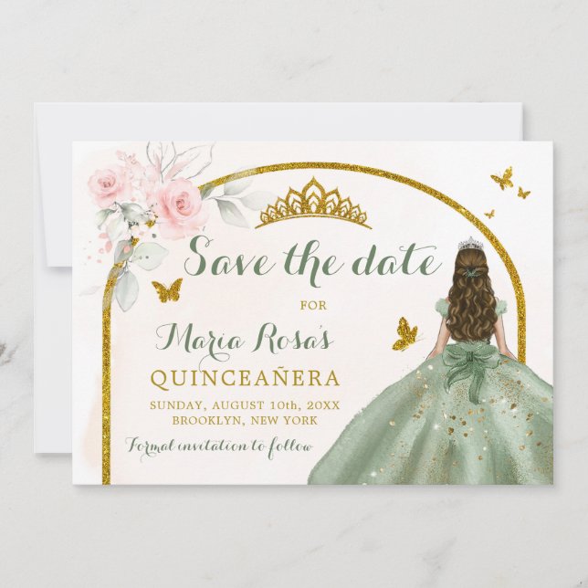Sage Grönt Guld Princess Butterfly Quinceañera Inbjudningar (Framsida)