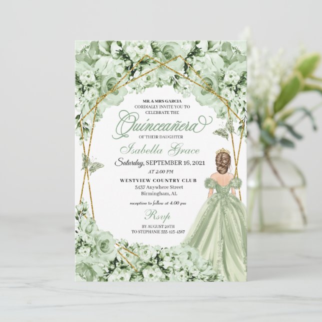 Sage Grönt Guld Princess Dress Quinceanera Inbjudningar (Stående Fram)