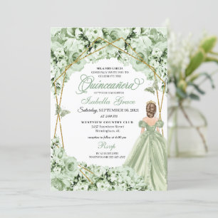 Sage Grönt Guld Princess Dress Quinceanera Inbjudningar