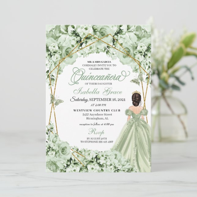 Sage Grönt Guld Princess Dress Quinceanera Inbjudningar (Stående Fram)
