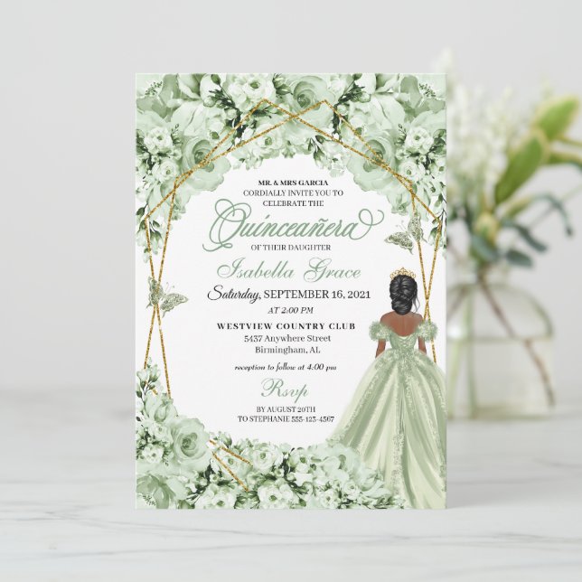 Sage Grönt Guld Princess Dress Quinceanera Inbjudningar (Stående Fram)