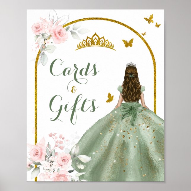 Sage Grönt Guld Princess Quinceañera Card & Gifts Poster (Framsidan)