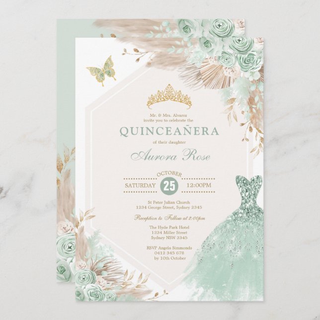 Sage Grönt Guld Quinceañera Boho Blommigt Birthday Inbjudningar (Fram/baksida)