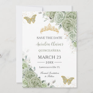 Sage Grönt Guld Quinceanera Sweet 16 Butterflies Spara Datumet
