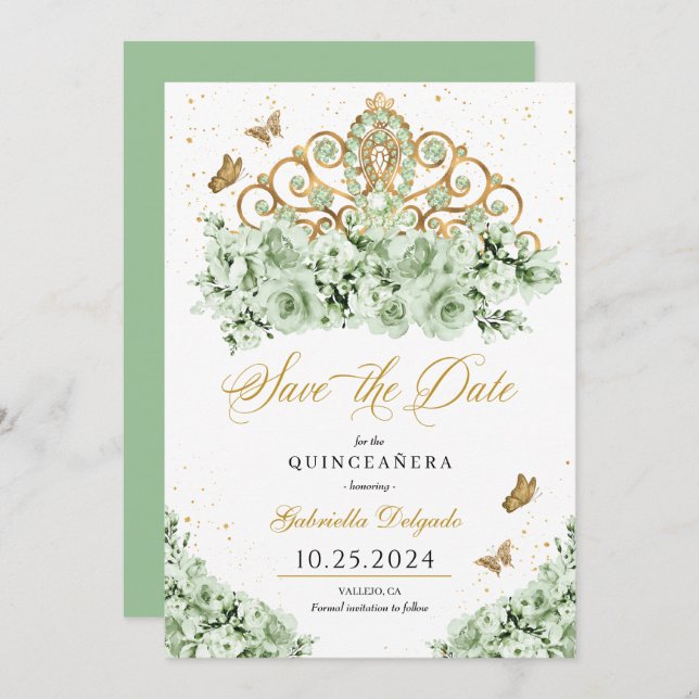 Sage Grönt & Guld Tiara Spara datum Quinceañera Inbjudningar (Fram/baksida)