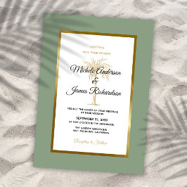 Sage Grönt Guld Träd Tropical Beach Wedding Inbjudningar
