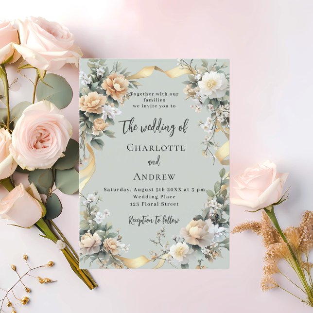 Sage grönt gult blommigt guld bröllop inbjudningar (Skapare uppladdad)