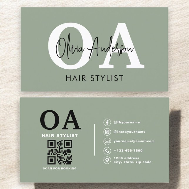 Sage Grönt Hair Stylist QR Code Monogram Visitkort (Skapare uppladdad)