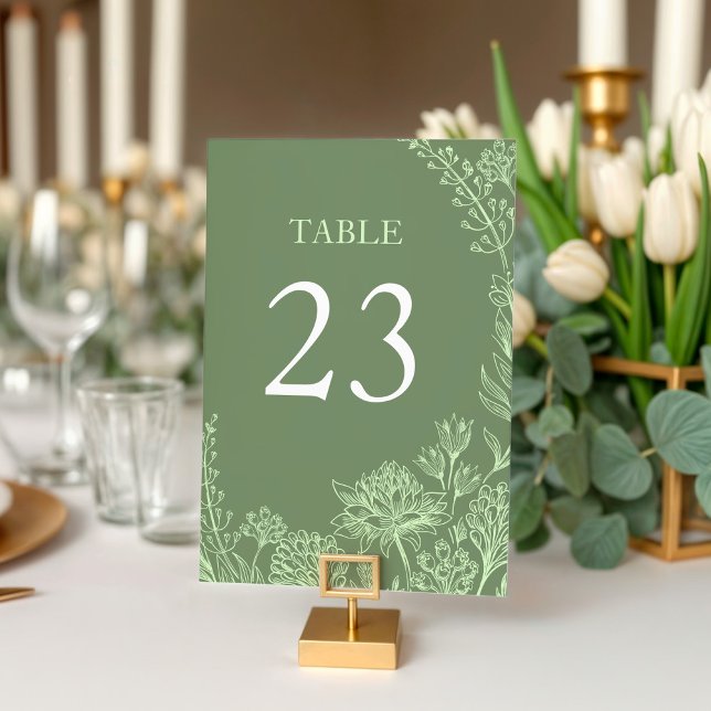 Sage Grönt Hand plockade Blommigt Bröllop Bordsnummer (Sage Green Invitation with hand drawn florals table number)