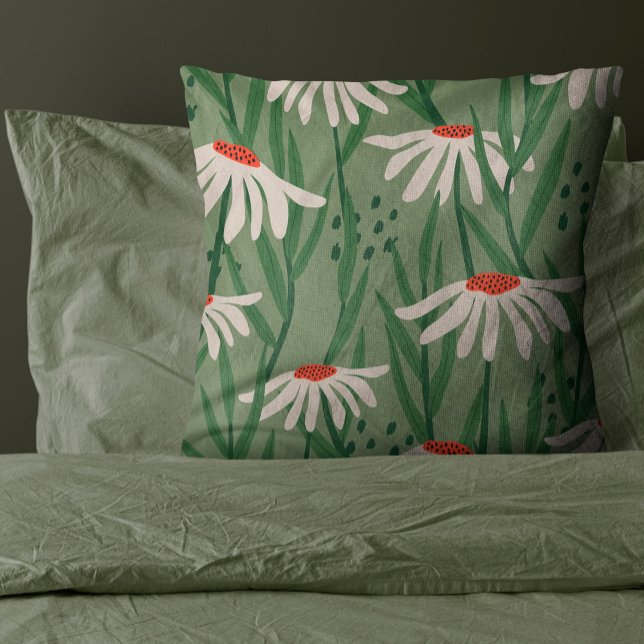 Sage Grönt Hand plockade Flower Kudde (Chamomile Flower in a sage green background of soft warm cream color make this design a great choice)
