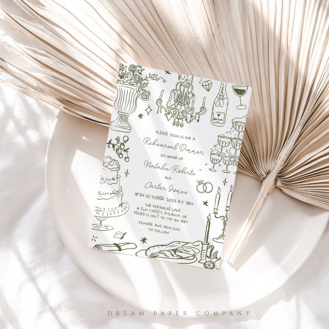 Sage Grönt Hand plockade Whimsical Rehearsal Midda Inbjudningar (Skapare uppladdad)