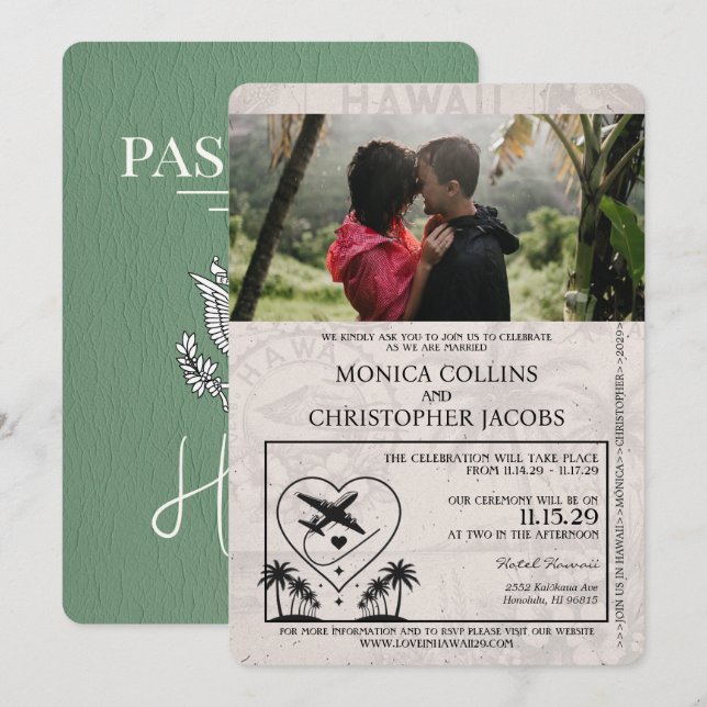 Sage Grönt Hawaii Passport bröllopsinbjudan Inbjudningar (Fram/baksida)