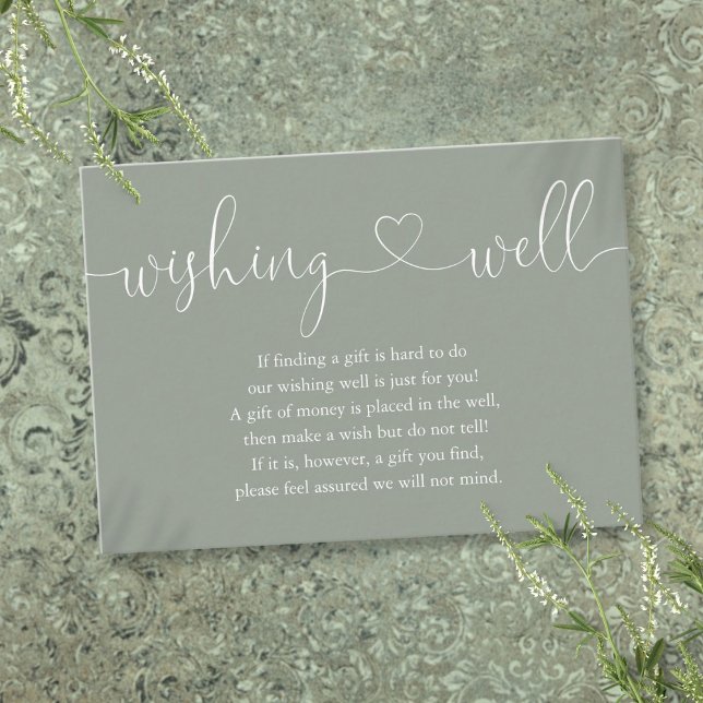 Sage Grönt Heart Script Wishing well Bröllop Tilläggskort (Sage Green Heart Script Wishing Well Wedding Enclosure Card)