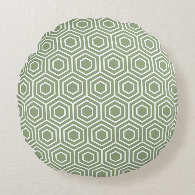 Sage Grönt Hexagon Honeycomb Geometric Mönster Rund Kudde (Framsidan)