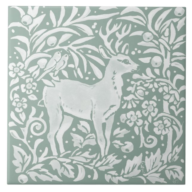 Sage Grönt Hjort Woodland Forest William Morris Kakelplatta (Framsidan)