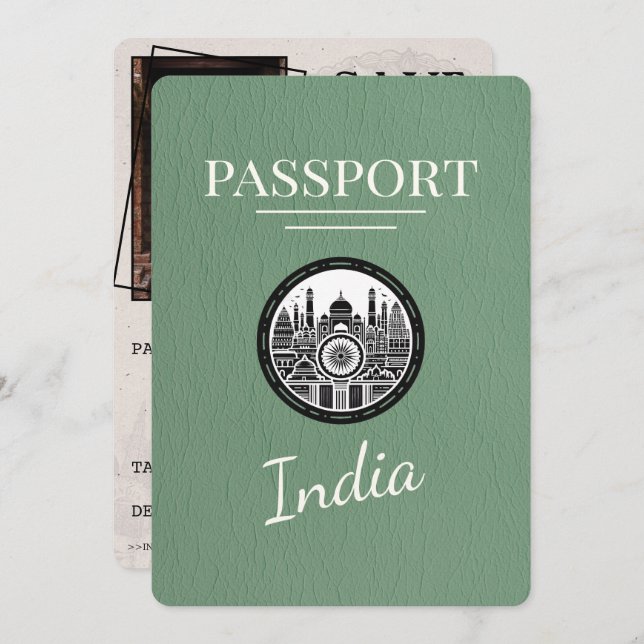 Sage Grönt India Passport Save Date Spara Datumet (Fram/baksida)