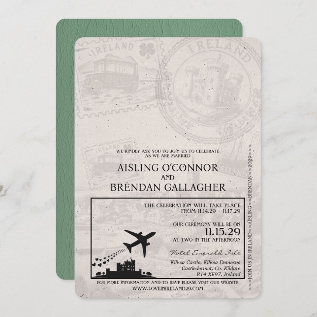 Sage Grönt Ireland Passport Bröllop Inbjudningar (Fram/baksida)