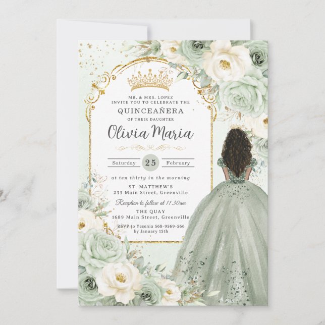Sage Grönt Ivory Blommigt Brown Girl Quinceañera Inbjudningar (Framsida)