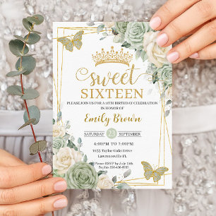 Sage Grönt Ivory Blommigt Butterflies Guld Sweet 1 Inbjudningar
