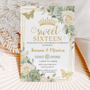 Sage Grönt Ivory Blommigt Butterfly Sweet 16 Twill Inbjudningar