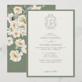 Sage Grönt & Ivory Blommigt Monogram Vapensköld Br Inbjudningar