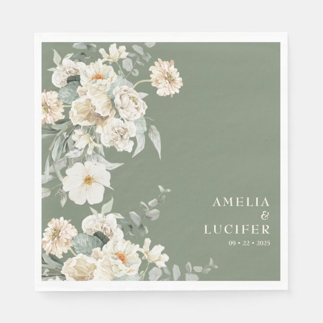 Sage Grönt & Ivory Blommigt Monogram Vapensköld Br Pappersservett (Framsidan)