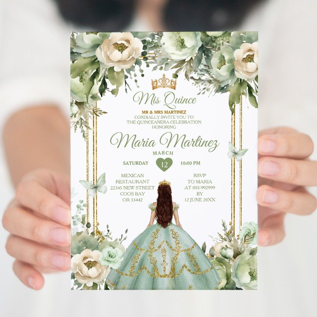 Sage Grönt & Ivory Blommigt Princess Quinceañera Inbjudningar (Skapare uppladdad)