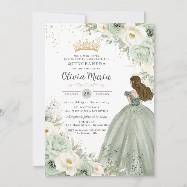 Sage Grönt Ivory Blommigt Princess Quinceañera XV  Inbjudningar (Framsida)