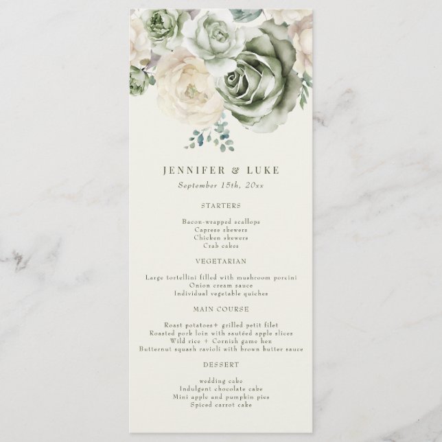 Sage Grönt Ivory Flowers Bröllop Menu Meny (Framsida)