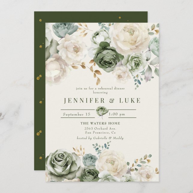 Sage Grönt & Ivory Flowers Rehearsal Dinner Inbjudningar (Fram/baksida)