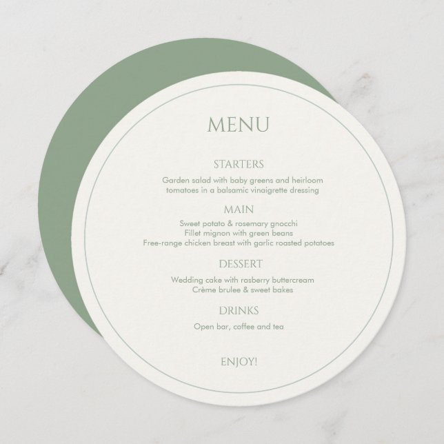Sage Grönt & Ivory Monogrammed Round Bröllop Menu Meny (Fram/baksida)
